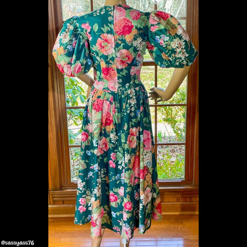 ▪️VTG▪️HANDMADE▪️1980's 1990's Floral Pleated Drop Waist COTTAGECORE Tea Dress - Picture 2 of 7